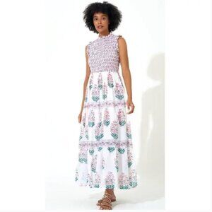 Oliphant Smocked Sleeveless Ruffle Neck Midi Maxi Block Print Dress Tuckernuck